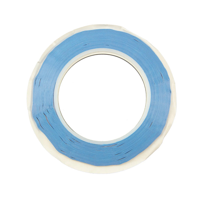 A roll of light blue 3mm double sided tape with white backing neatly wound in a full 25m roll