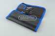 Black and blue fabric tool roll with black-handled precision tweezers for complete lcd disassembly tool kit