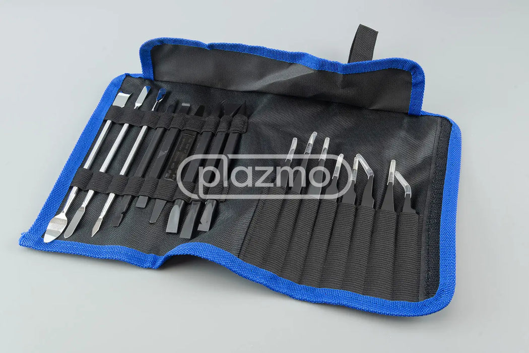 Blue and black tool roll with 18 piece complete lcd disassembly kit featuring precision metallic tip tools with black handles
