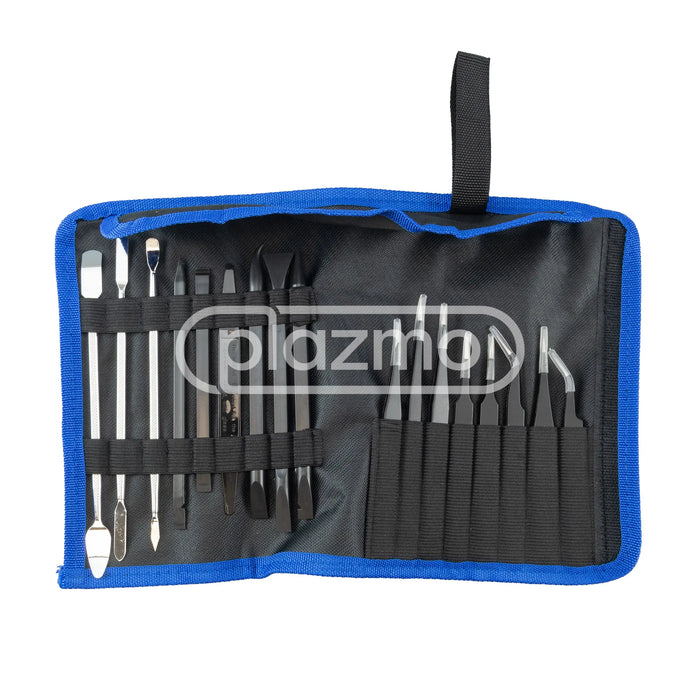 Blue and black roll-up case with 18 piece complete lcd disassembly tool kit featuring precision metallic tip tools