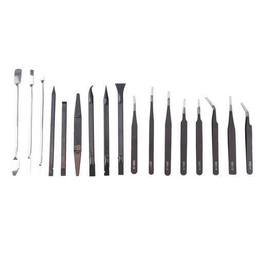 Set of 18 black precision repair tools with metallic tips and engraved markings for complete lcd disassembly tasks
