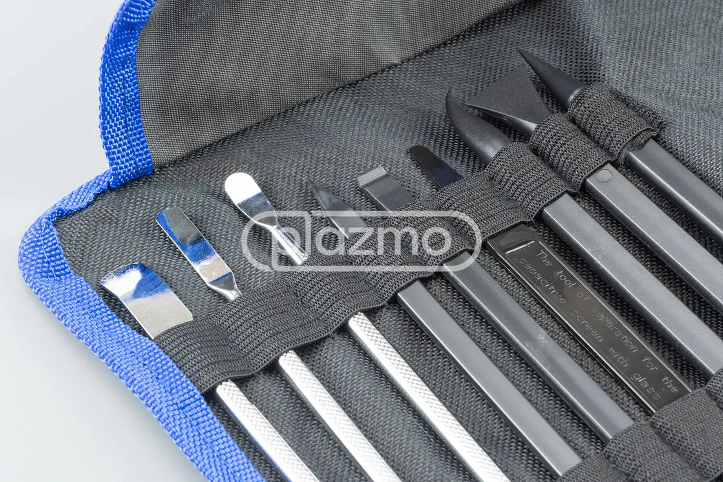 Set of seven precision phone repair tools with metallic blades in a gray and blue case for complete lcd disassembly