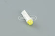 Yellow led indicator lamp with white plastic housing and two metal contacts for 12 volt t5 wedge use