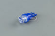 Blue led indicator lamp with concave head lens and three-pronged wedge base for 12 vdc use