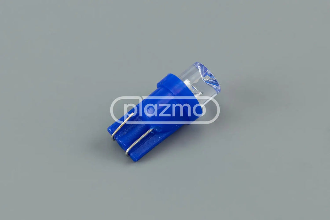 Blue t10 led indicator lamp with clear concave head lens and two metal contacts for 12 vdc use