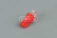 Red plastic wedge led indicator lamp with clear concave lens and three metal contacts for 12 vdc use