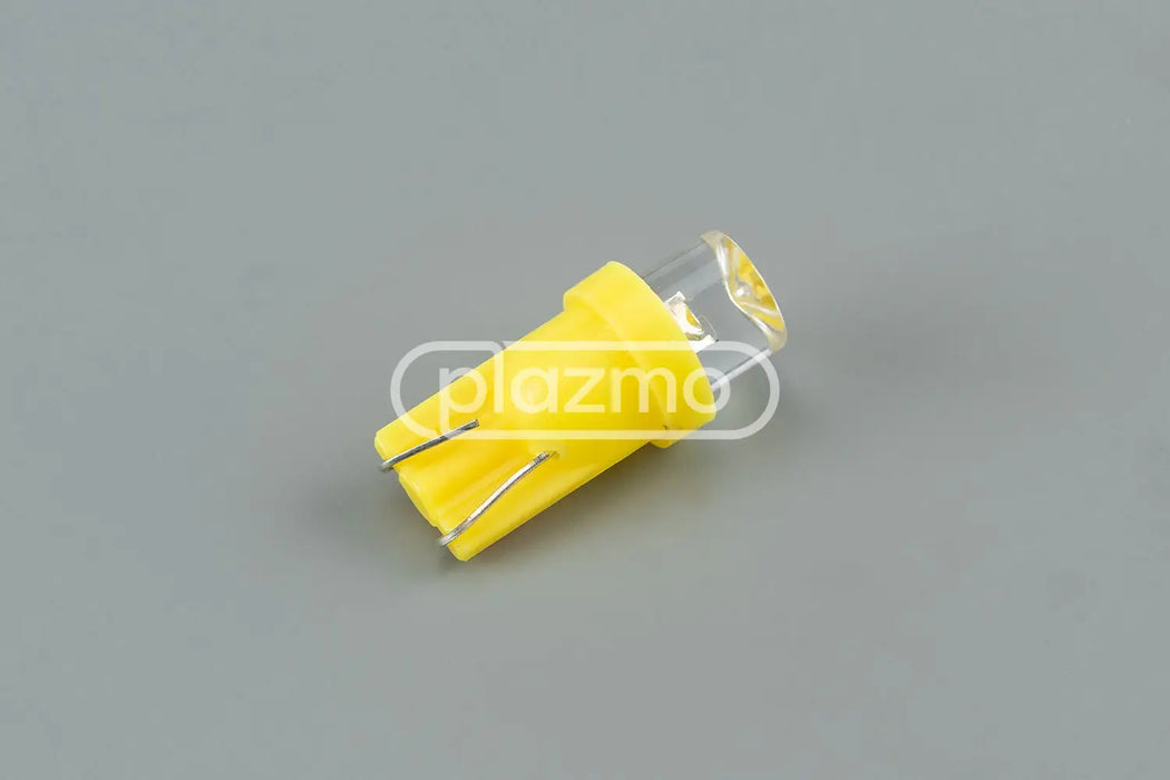 Yellow t10 led indicator lamp with clear concave head lens and metallic contacts for 12 vdc use